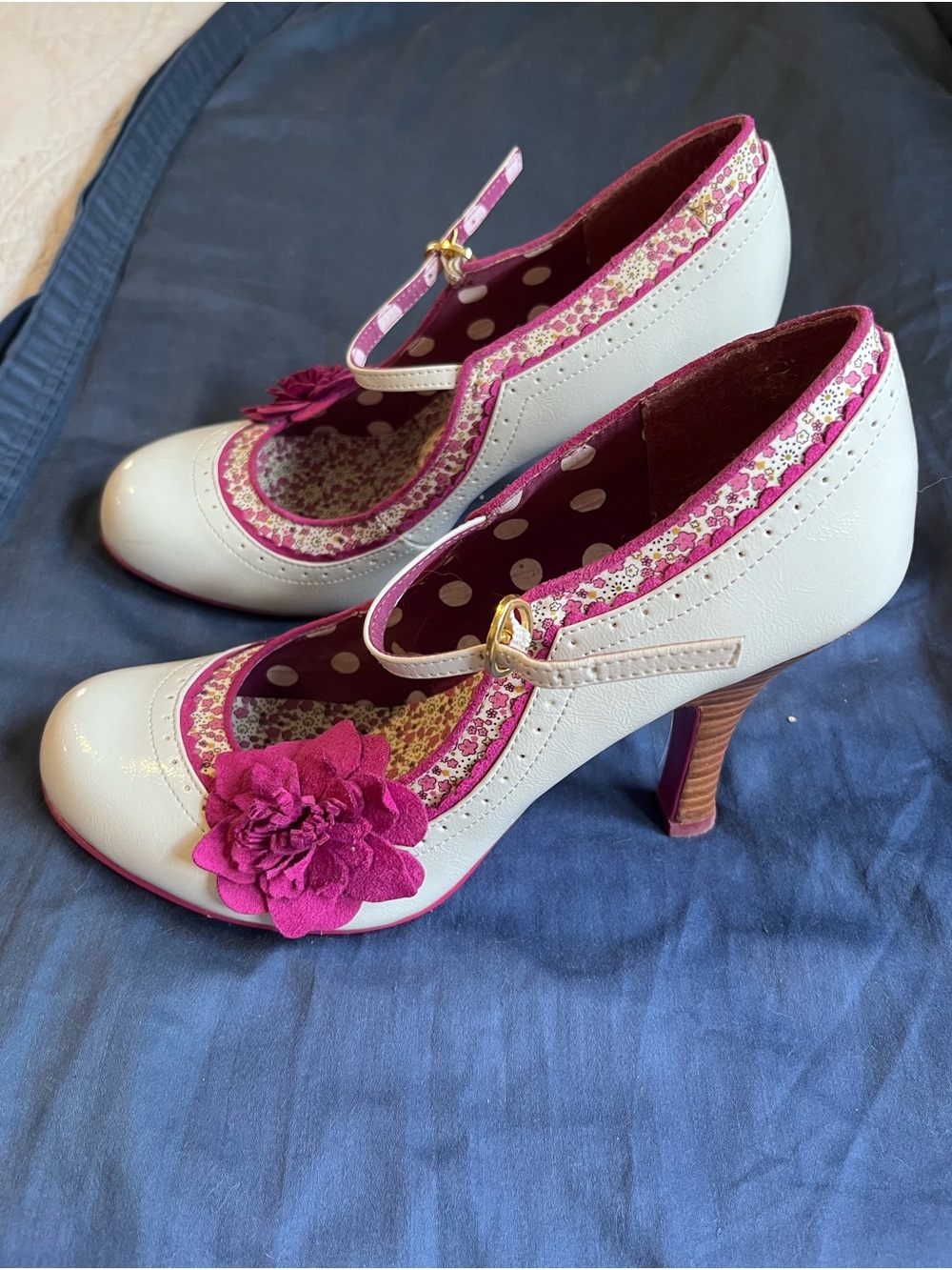 White and Magenta Floral Mary Jane Heels with Flower Accent